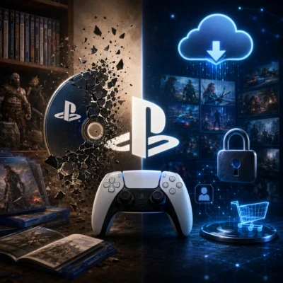 Links zerbricht eine PlayStation-Disc vor einem Regal mit Spielhüllen und Sammlerfiguren, daneben liegen geöffnete Spielehüllen mit Booklet. Rechts stehen ein PlayStation-Controller sowie leuchtende Symbole für Cloud-Downloads, digitalen Spielekauf und ein Vorhängeschloss vor einer futuristischen, blauen Oberfläche. Die Bildkomposition stellt den Kontrast zwischen klassischer Spielesammlung und digitaler Distribution ohne Textelemente dar.
