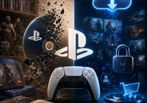 Links zerbricht eine PlayStation-Disc vor einem Regal mit Spielhüllen und Sammlerfiguren, daneben liegen geöffnete Spielehüllen mit Booklet. Rechts stehen ein PlayStation-Controller sowie leuchtende Symbole für Cloud-Downloads, digitalen Spielekauf und ein Vorhängeschloss vor einer futuristischen, blauen Oberfläche. Die Bildkomposition stellt den Kontrast zwischen klassischer Spielesammlung und digitaler Distribution ohne Textelemente dar.