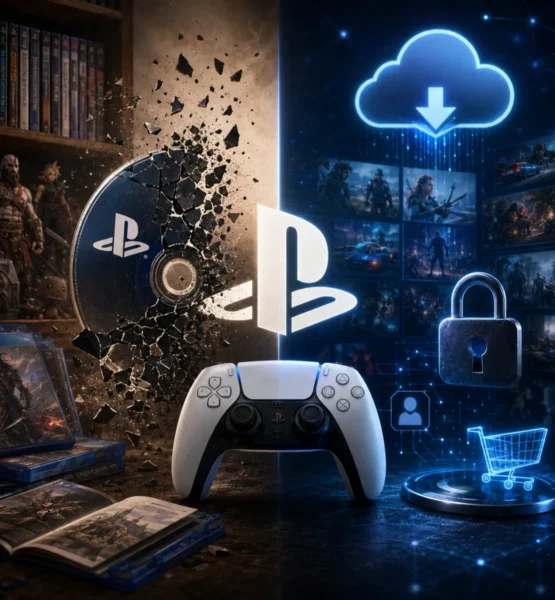 Links zerbricht eine PlayStation-Disc vor einem Regal mit Spielhüllen und Sammlerfiguren, daneben liegen geöffnete Spielehüllen mit Booklet. Rechts stehen ein PlayStation-Controller sowie leuchtende Symbole für Cloud-Downloads, digitalen Spielekauf und ein Vorhängeschloss vor einer futuristischen, blauen Oberfläche. Die Bildkomposition stellt den Kontrast zwischen klassischer Spielesammlung und digitaler Distribution ohne Textelemente dar.