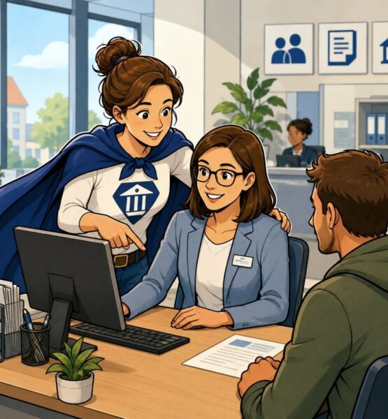 Zwei Personen sitzen an einem Schreibtisch. Zusammen mit einer "Amtsheldin" betrachten sie den Computer-Bildschirm.