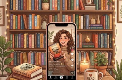 Ein Smartphone vor einem Bücherregal auf dem eine BookTokerin online Bücher vorstellt.