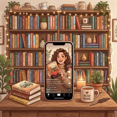 Ein Smartphone vor einem Bücherregal auf dem eine BookTokerin online Bücher vorstellt.