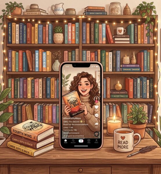 Ein Smartphone vor einem Bücherregal auf dem eine BookTokerin online Bücher vorstellt.