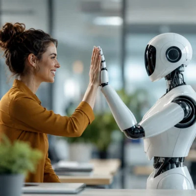 Frau und humanoider Roboter geben sich in einem modernen Büro ein High Five und symbolisieren die Zusammenarbeit von Mensch und Technologie bei der Digitalen Transformation.