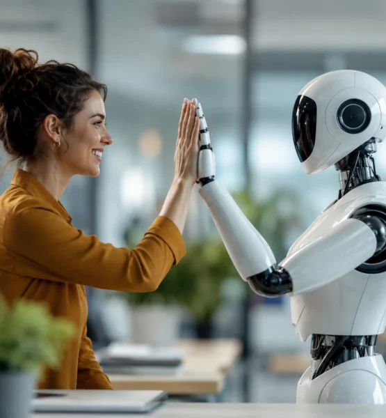 Frau und humanoider Roboter geben sich in einem modernen Büro ein High Five und symbolisieren die Zusammenarbeit von Mensch und Technologie bei der Digitalen Transformation.