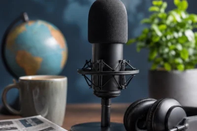 Schwarzes Podcast-Mikrofon mit Kopfhörern und Zeitung auf einem Tisch, im Hintergrund ein Globus als Symbol für internationale Nachrichten.