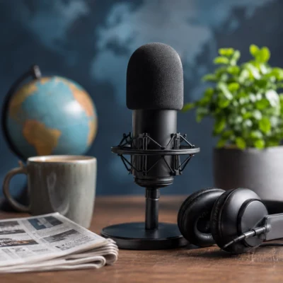 Schwarzes Podcast-Mikrofon mit Kopfhörern und Zeitung auf einem Tisch, im Hintergrund ein Globus als Symbol für internationale Nachrichten.