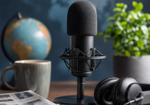 Schwarzes Podcast-Mikrofon mit Kopfhörern und Zeitung auf einem Tisch, im Hintergrund ein Globus als Symbol für internationale Nachrichten.