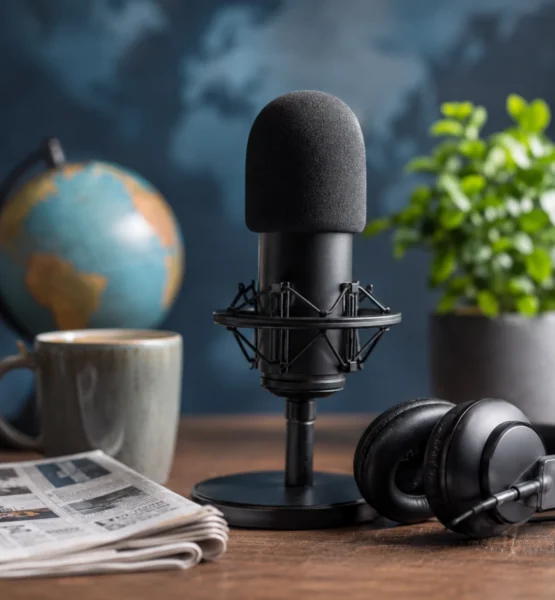 Schwarzes Podcast-Mikrofon mit Kopfhörern und Zeitung auf einem Tisch, im Hintergrund ein Globus als Symbol für internationale Nachrichten.