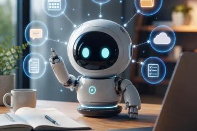KI-Agent als kleiner Roboter am Schreibtisch, der vernetzte digitale Aufgaben wie E-Mails, Kalender, Dateien und Cloud-Dienste verwaltet.