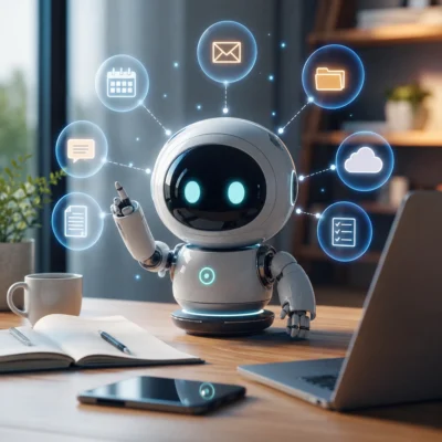 KI-Agent als kleiner Roboter am Schreibtisch, der vernetzte digitale Aufgaben wie E-Mails, Kalender, Dateien und Cloud-Dienste verwaltet.