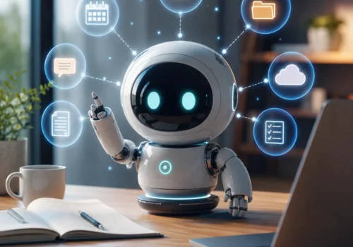 KI-Agent als kleiner Roboter am Schreibtisch, der vernetzte digitale Aufgaben wie E-Mails, Kalender, Dateien und Cloud-Dienste verwaltet.