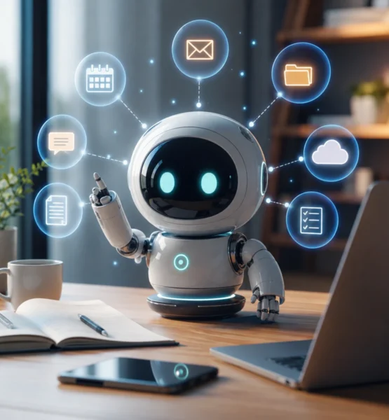 KI-Agent als kleiner Roboter am Schreibtisch, der vernetzte digitale Aufgaben wie E-Mails, Kalender, Dateien und Cloud-Dienste verwaltet.