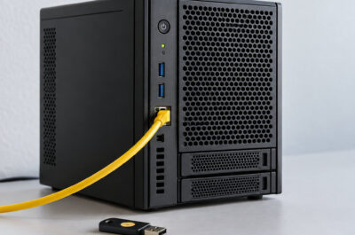 server for openclaw and an usb stick in front of it, a ethernet cable connected to the server