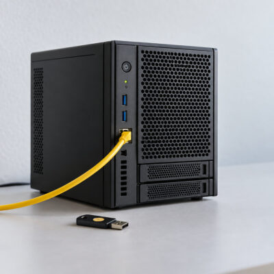 server for openclaw and an usb stick in front of it, a ethernet cable connected to the server