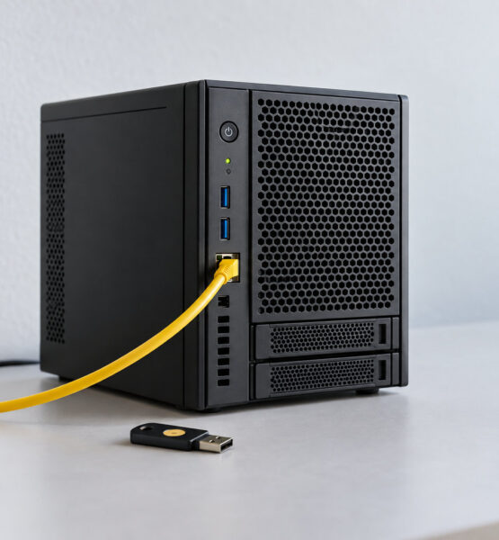 server for openclaw and an usb stick in front of it, a ethernet cable connected to the server