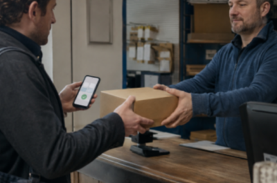 man giving another man a package
