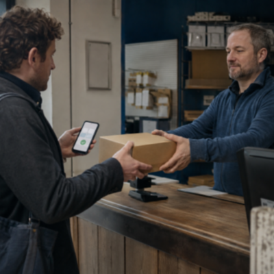 man giving another man a package