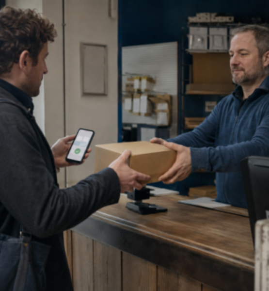 man giving another man a package