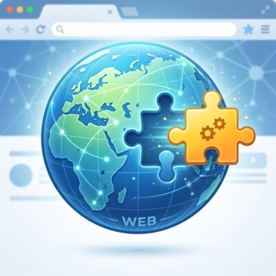 ein bild das ein browser erweiterung darstellt, also ein puzzleteil, welches sich in einen globe einfügt, der ein browser icon symbolisiert. Ausgabe 1:1, als jpeg, maximal 1MB größe der Datei