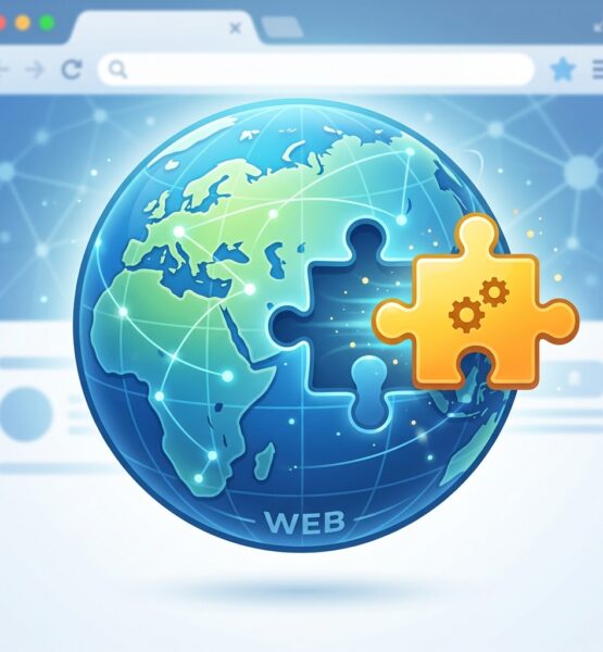 ein bild das ein browser erweiterung darstellt, also ein puzzleteil, welches sich in einen globe einfügt, der ein browser icon symbolisiert. Ausgabe 1:1, als jpeg, maximal 1MB größe der Datei
