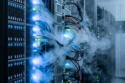 A server rack in a data center, its physical drives and blinking LEDs gradually dissolving into soft drifting cloud shapes that weave between the hardware components — neither fully physical nor fully digital, both elements intertwined and inseparable. The cloud texture threads through the gaps between the drives like fog moving through a forest. Cool blue-white ambient lighting, realistic and atmospheric. Photographic style. Square format 1:1 aspect ratio, output as JPEG, file size under 1MB.