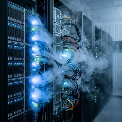 A server rack in a data center, its physical drives and blinking LEDs gradually dissolving into soft drifting cloud shapes that weave between the hardware components — neither fully physical nor fully digital, both elements intertwined and inseparable. The cloud texture threads through the gaps between the drives like fog moving through a forest. Cool blue-white ambient lighting, realistic and atmospheric. Photographic style. Square format 1:1 aspect ratio, output as JPEG, file size under 1MB.