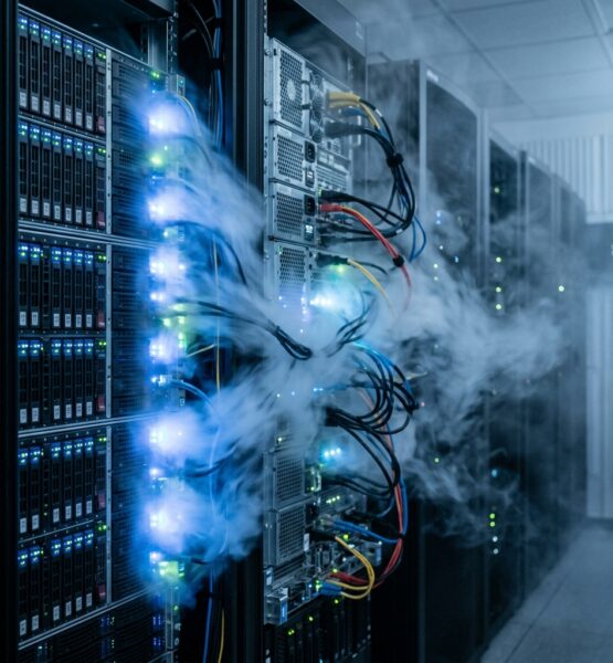A server rack in a data center, its physical drives and blinking LEDs gradually dissolving into soft drifting cloud shapes that weave between the hardware components — neither fully physical nor fully digital, both elements intertwined and inseparable. The cloud texture threads through the gaps between the drives like fog moving through a forest. Cool blue-white ambient lighting, realistic and atmospheric. Photographic style. Square format 1:1 aspect ratio, output as JPEG, file size under 1MB.