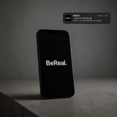 Ein Smartphone vor schlichtem Hintergrund mit dem BeReal Logo auf dem Display und die BeReal Benachrichtigung rechts oben in der Ecke des Bildes.