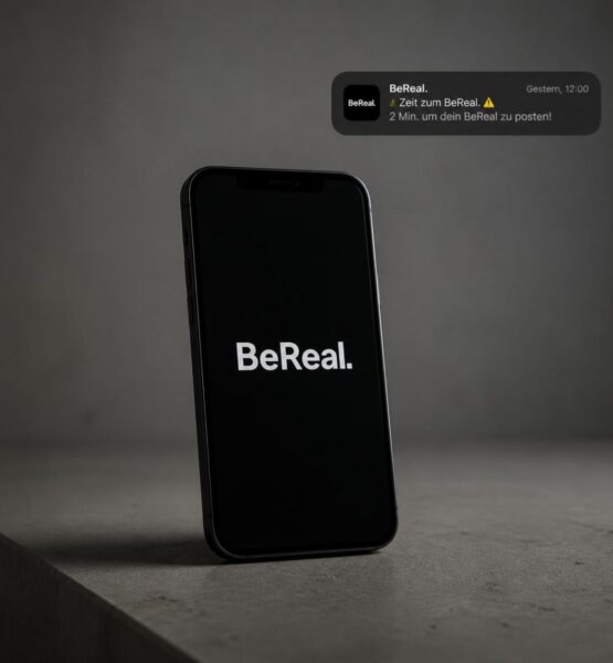 Ein Smartphone vor schlichtem Hintergrund mit dem BeReal Logo auf dem Display und die BeReal Benachrichtigung rechts oben in der Ecke des Bildes.