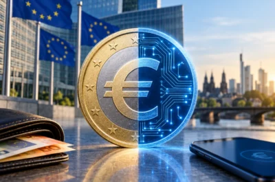 Eine Euro-Münze, halb klassisch und halb digital mit leuchtenden Leiterbahnen, vor EU-Flaggen und moderner Skyline. Links liegen Euro-Banknoten in einer Geldbörse, rechts ein Smartphone als Symbol für digitales Bezahlen.