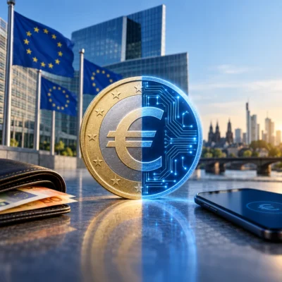 Eine Euro-Münze, halb klassisch und halb digital mit leuchtenden Leiterbahnen, vor EU-Flaggen und moderner Skyline. Links liegen Euro-Banknoten in einer Geldbörse, rechts ein Smartphone als Symbol für digitales Bezahlen.
