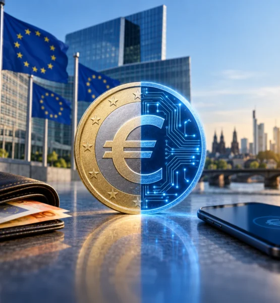 Eine Euro-Münze, halb klassisch und halb digital mit leuchtenden Leiterbahnen, vor EU-Flaggen und moderner Skyline. Links liegen Euro-Banknoten in einer Geldbörse, rechts ein Smartphone als Symbol für digitales Bezahlen.