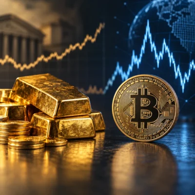 Goldbarren und Goldmünzen stehen einer Bitcoin-Münze gegenüber, während Kursverläufe im Hintergrund den Vergleich zwischen Gold und Kryptowährungen symbolisieren.