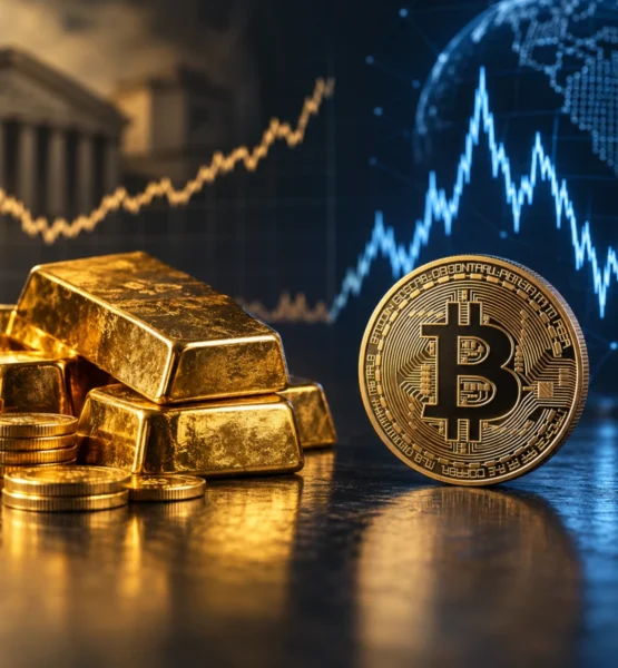 Goldbarren und Goldmünzen stehen einer Bitcoin-Münze gegenüber, während Kursverläufe im Hintergrund den Vergleich zwischen Gold und Kryptowährungen symbolisieren.