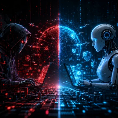Illustration eines digitalen Cyberkonflikts: Ein düsterer KI-Hacker und eine schützende KI stehen sich vor einer vernetzten digitalen Welt gegenüber und symbolisieren den Einsatz künstlicher Intelligenz für Cyberangriffe und deren Abwehr.