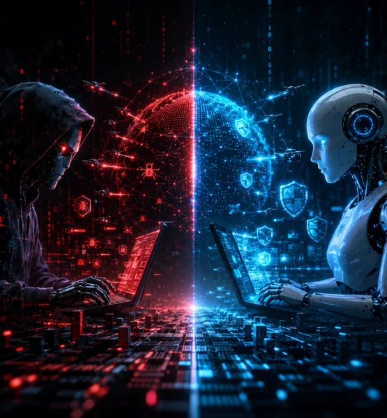 Illustration eines digitalen Cyberkonflikts: Ein düsterer KI-Hacker und eine schützende KI stehen sich vor einer vernetzten digitalen Welt gegenüber und symbolisieren den Einsatz künstlicher Intelligenz für Cyberangriffe und deren Abwehr.