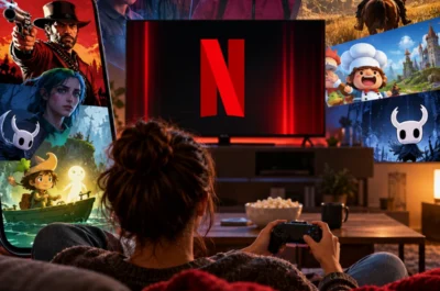 Eine Person spielt mit Controller vor einem Fernseher mit Netflix-Logo, umgeben von Motiven verschiedener Videospiel-Genres und Netflix-Produktionen.