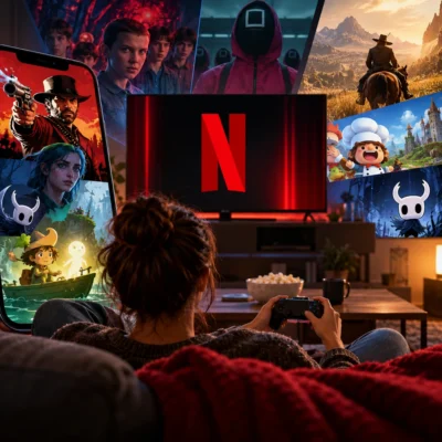 Eine Person spielt mit Controller vor einem Fernseher mit Netflix-Logo, umgeben von Motiven verschiedener Videospiel-Genres und Netflix-Produktionen.