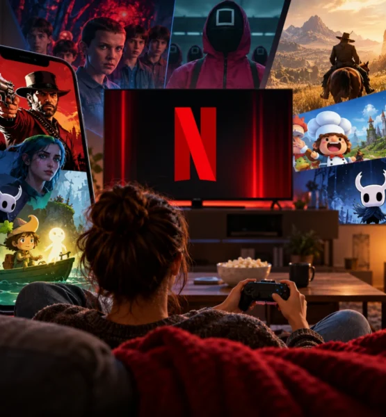 Eine Person spielt mit Controller vor einem Fernseher mit Netflix-Logo, umgeben von Motiven verschiedener Videospiel-Genres und Netflix-Produktionen.