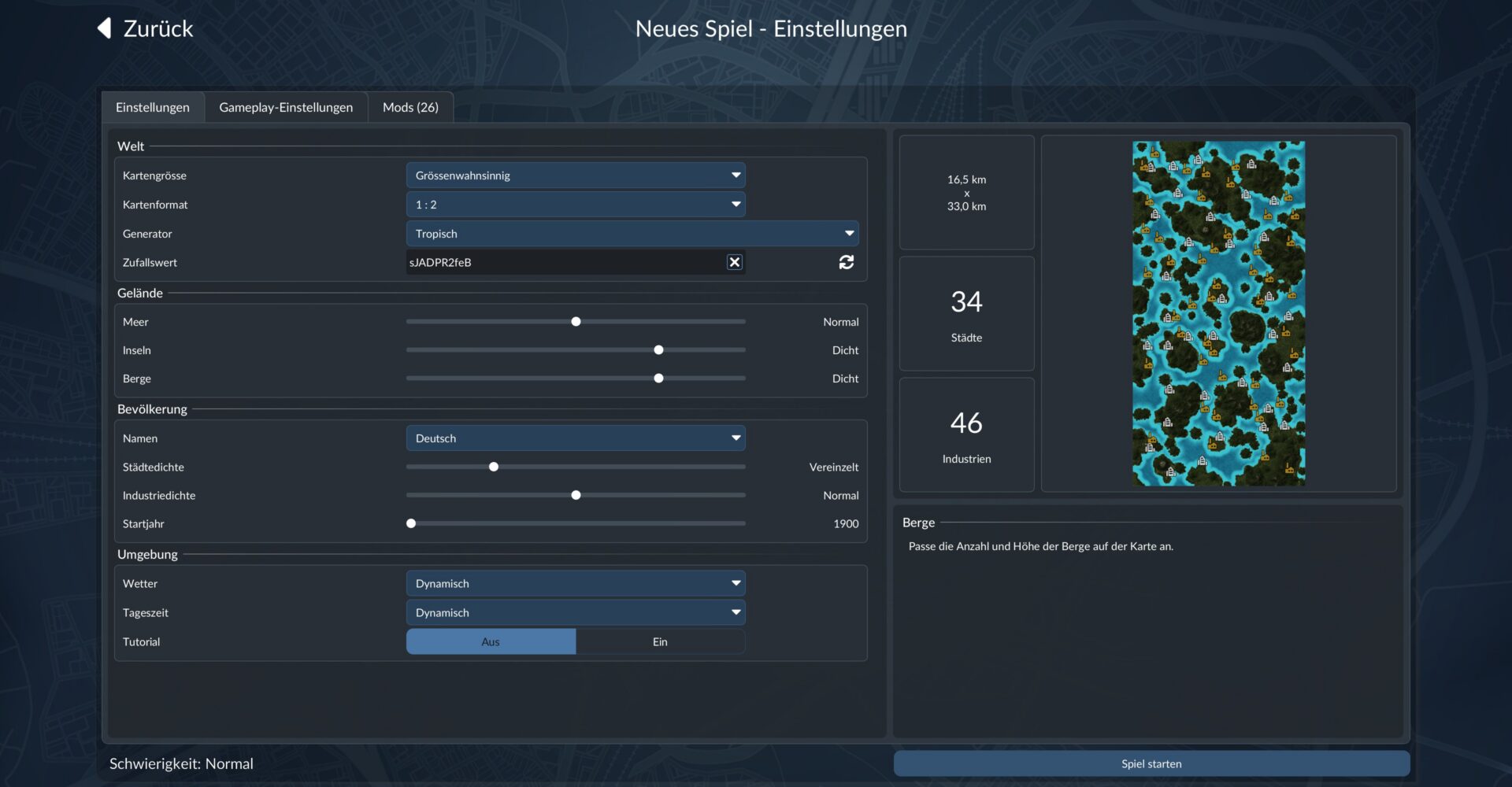 Der Kartengenerator für eine tropische Umgebung in Transport Fever 3. Slider erlauben eine Anpassung mehrerer Karteneigenschaften und der Startzeit.