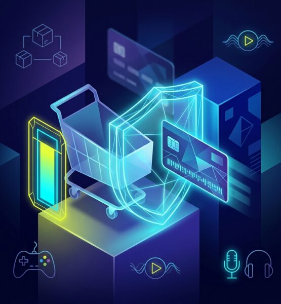 Erstelle ein abstraktes, modernes Artikelbild über sicheres Bezahlen mit digitalen Guthaben und Prepaid-Codes. Im Mittelpunkt schwebt ein stilisierter digitaler Warenkorb. Zwischen dem Warenkorb und einem abstrakten Bankkonto befindet sich eine leuchtende Schutzschicht in Form eines transparenten Schildes. Eine digitale Guthabenkarte mit einem abstrakten Code passiert diese Schutzschicht, während persönliche Finanzdaten und Kreditkarteninformationen sicher im Hintergrund bleiben. Ergänze dezente Symbole für Online-Shopping, Gaming, Streaming und digitale Unterhaltung. Eine klar begrenzte, leuchtende Guthabenanzeige soll Kostenkontrolle und ein festes Budget symbolisieren. Die Komposition vermittelt Datensparsamkeit, Privatsphäre, Sicherheit und selbstbestimmtes Bezahlen im Internet. Hochwertige redaktionelle Tech-Illustration, klar, reduziert und eher abstrakt als fotorealistisch. Moderner Magazin-Look mit geometrischen Formen und räumlicher Tiefe. Farbwelt aus dunklem Blau und Violett mit kräftigen Akzenten in Neon-Gelb und hellem Blau. Keine Menschen, keine Schrift, keine lesbaren Codes, keine Zahlen, keine Währungssymbole, keine Markenlogos und keine erkennbaren Benutzeroberflächen oder realen Bezahlkarten. Quadratisches Bildformat 1:1, Ausgabe als JPG. Dateigröße unter 1 MB halten. Falls nötig, die Auflösung reduzieren und eine stärkere JPEG-Komprimierung verwenden. Ideale Ausgabegröße: 1024 × 1024 Pixel.