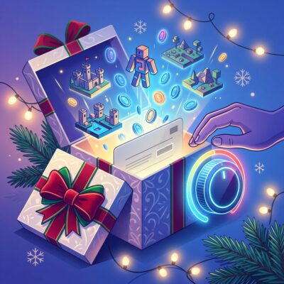 **Gemini-Prompt:** Erstelle ein modernes, leicht abstraktes Artikelbild zum Thema Gaming-Gutscheine als Weihnachtsgeschenk für Kinder. Im Mittelpunkt liegt eine neutrale digitale Geschenkkarte in einer geöffneten Geschenkbox. Aus der Karte steigen leuchtende virtuelle Münzen, kleine geometrische Spielewelten und ein individuell gestaltbarer, blockartig abstrahierter Avatar empor. Daneben symbolisieren ein kreisförmiger Budgetregler und eine schützende Hand die elterliche Kontrolle sowie einen klar begrenzten Ausgabenrahmen. Verbinde die digitale Gamingwelt dezent mit einer weihnachtlichen Atmosphäre: warme Lichter, wenige Schneeflocken, Tannenzweige und eine rote Schleife. Das Bild soll Vorfreude und Spielspaß vermitteln, gleichzeitig aber auch Planung, Kostenkontrolle und die Absprache mit den Eltern sichtbar machen. Hochwertige redaktionelle Illustration, modern, klar und eher abstrakt als fotorealistisch. Räumliche Tiefe, ausgewogene Komposition und kein überladener Weihnachtskitsch. Farbwelt aus kräftigem Blau und Violett mit Akzenten in Neon-Gelb, Rot und warmem Weiß. Keine Schrift, keine Zahlen, keine lesbaren Gutscheincodes, keine Markenlogos und keine exakte Darstellung von Roblox, Robux oder urheberrechtlich geschützten Spielfiguren. Quadratisches Bildformat 1:1, Ausgabe als JPG. Dateigröße unter 1 MB halten. Falls nötig, die Auflösung reduzieren und eine stärkere JPEG-Komprimierung verwenden. Ideale Ausgabegröße: 1024 × 1024 Pixel.