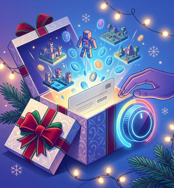 **Gemini-Prompt:** Erstelle ein modernes, leicht abstraktes Artikelbild zum Thema Gaming-Gutscheine als Weihnachtsgeschenk für Kinder. Im Mittelpunkt liegt eine neutrale digitale Geschenkkarte in einer geöffneten Geschenkbox. Aus der Karte steigen leuchtende virtuelle Münzen, kleine geometrische Spielewelten und ein individuell gestaltbarer, blockartig abstrahierter Avatar empor. Daneben symbolisieren ein kreisförmiger Budgetregler und eine schützende Hand die elterliche Kontrolle sowie einen klar begrenzten Ausgabenrahmen. Verbinde die digitale Gamingwelt dezent mit einer weihnachtlichen Atmosphäre: warme Lichter, wenige Schneeflocken, Tannenzweige und eine rote Schleife. Das Bild soll Vorfreude und Spielspaß vermitteln, gleichzeitig aber auch Planung, Kostenkontrolle und die Absprache mit den Eltern sichtbar machen. Hochwertige redaktionelle Illustration, modern, klar und eher abstrakt als fotorealistisch. Räumliche Tiefe, ausgewogene Komposition und kein überladener Weihnachtskitsch. Farbwelt aus kräftigem Blau und Violett mit Akzenten in Neon-Gelb, Rot und warmem Weiß. Keine Schrift, keine Zahlen, keine lesbaren Gutscheincodes, keine Markenlogos und keine exakte Darstellung von Roblox, Robux oder urheberrechtlich geschützten Spielfiguren. Quadratisches Bildformat 1:1, Ausgabe als JPG. Dateigröße unter 1 MB halten. Falls nötig, die Auflösung reduzieren und eine stärkere JPEG-Komprimierung verwenden. Ideale Ausgabegröße: 1024 × 1024 Pixel.