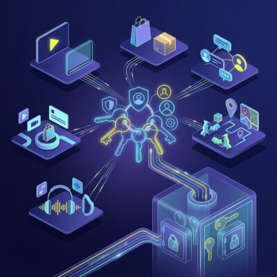 **Gemini-Prompt:** Erstelle ein abstraktes, modernes Artikelbild zum Thema digitale Konten und Passwortsicherheit. Im Mittelpunkt schwebt ein stilisierter digitaler Schlüsselbund aus mehreren unterschiedlich geformten Schlüsseln und Login-Symbolen. Feine leuchtende Verbindungslinien führen zu abstrakten Kacheln und Plattformwelten, die Streaming, Online-Shopping, soziale Medien, Lieferdienste und Musik-Apps andeuten, ohne konkrete Marken oder Logos zu zeigen. Ein Teil der Verbindungen läuft geschützt in einem dezent leuchtenden digitalen Tresor zusammen. Die Komposition soll sowohl die Überforderung durch viele Nutzerkonten als auch das Gefühl von Ordnung, Sicherheit und Kontrolle vermitteln. Editoriale Tech-Illustration, hochwertig, klar und eher abstrakt als fotorealistisch. Moderner Magazin-Look mit räumlicher Tiefe und ausgewogener Komposition. Farbwelt aus dunklem Blau und Violett mit leuchtenden Akzenten in Neon-Gelb und hellem Blau. Keine Menschen, keine lesbaren Passwörter, keine Schrift, keine Zahlen, keine Markenlogos und keine Benutzeroberflächen realer Dienste. Quadratisches Bildformat 1:1, Ausgabe als JPG. Dateigröße unter 1 MB halten, bei Bedarf Auflösung und JPEG-Komprimierung reduzieren. Ideale Ausgabegröße: 1024 × 1024 Pixel.