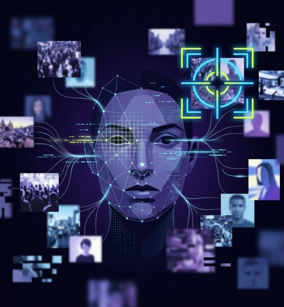 Erstelle ein abstraktes, modernes Artikelbild zum Thema Gesichtersuchmaschinen, biometrische Gesichtserkennung und digitale Privatsphäre. Im Mittelpunkt steht ein stilisiertes, anonymes menschliches Gesicht, das teilweise aus geometrischen Messpunkten und feinen biometrischen Linien besteht. Ein digitales Suchraster erfasst Augen, Nase und Gesichtskonturen. Vom Gesicht führen leuchtende Verbindungen zu zahlreichen schwebenden, unscharfen Bildkacheln, die unterschiedliche Webseiten, Profile und Fundstellen im Internet symbolisieren. Die Komposition soll vermitteln, wie ein einziges Porträtfoto mit einer riesigen Bilddatenbank abgeglichen wird und dadurch eine weitreichende digitale Spur sichtbar werden kann. Gleichzeitig soll das Motiv ein Gefühl von Kontrollverlust, Überwachung und verletzter Privatsphäre erzeugen. Einige Bildkacheln verschwinden im dunklen Hintergrund, andere werden von einem Suchrahmen markiert. Hochwertige redaktionelle Tech-Illustration, klar, reduziert, atmosphärisch und eher abstrakt als fotorealistisch. Moderner Magazin-Look mit räumlicher Tiefe. Farbwelt aus dunklem Blau, Violett und Schwarz mit leuchtenden Akzenten in Neon-Gelb und hellem Blau. Keine erkennbare reale Person, keine fotorealistischen Porträts, keine Schrift, keine Zahlen, keine Markenlogos, keine konkreten Webseiten und keine sichtbaren Namen. Quadratisches Bildformat 1:1, Ausgabe als JPG. Dateigröße unter 1 MB halten, bei Bedarf die Auflösung reduzieren und eine stärkere JPEG-Komprimierung verwenden. Ideale Ausgabegröße: 1024 × 1024 Pixel.