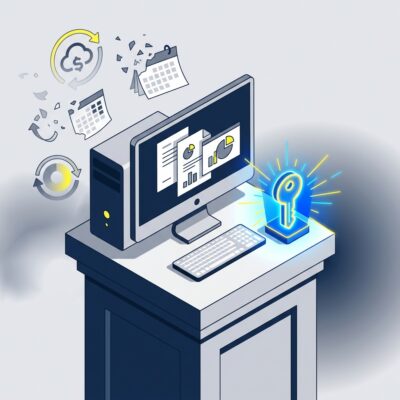 **Gemini-Prompt:** Erstelle ein abstraktes, modernes Artikelbild über die Rückkehr von Unternehmen zu dauerhaft gekaufter Software statt laufender Abonnements. Im Mittelpunkt steht ein stilisierter Bürocomputer auf einem stabilen, festen Sockel. Daneben liegt ein leuchtender digitaler Lizenzschlüssel als Symbol für eine einmalige, dauerhafte Investition. Im Hintergrund lösen sich wiederkehrende Abo-Symbole, Kalenderblätter und kreisförmige Zahlungsschleifen langsam auf, während Dokumente, Tabellen und Präsentationen sicher auf dem lokalen Computer gebündelt bleiben. Die Bildkomposition soll den Gegensatz zwischen laufenden Cloud-Abhängigkeiten und einer stabilen, lokal installierten Softwarelösung vermitteln. Themen wie Kostenkontrolle, digitale Souveränität, Offline-Nutzung und langfristige Planungssicherheit sollen visuell anklingen. Hochwertige redaktionelle Tech-Illustration, klar, reduziert und eher abstrakt als fotorealistisch. Moderner Magazin-Look mit geometrischen Formen und räumlicher Tiefe. Farbwelt aus dunklem Blau, hellem Grau und Weiß, ergänzt durch leuchtende Akzente in Gelb und kräftigem Blau. Keine Menschen, keine Schrift, keine Zahlen, keine Währungssymbole, keine Markenlogos und keine erkennbaren Benutzeroberflächen. Keine Microsoft- oder Office-Logos und keine konkrete Softwareverpackung darstellen. Quadratisches Bildformat 1:1, Ausgabe als JPG. Dateigröße unter 1 MB halten, bei Bedarf Auflösung und JPEG-Komprimierung reduzieren. Ideale Ausgabegröße: 1024 × 1024 Pixel.