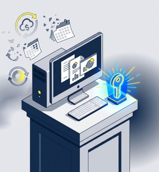 **Gemini-Prompt:** Erstelle ein abstraktes, modernes Artikelbild über die Rückkehr von Unternehmen zu dauerhaft gekaufter Software statt laufender Abonnements. Im Mittelpunkt steht ein stilisierter Bürocomputer auf einem stabilen, festen Sockel. Daneben liegt ein leuchtender digitaler Lizenzschlüssel als Symbol für eine einmalige, dauerhafte Investition. Im Hintergrund lösen sich wiederkehrende Abo-Symbole, Kalenderblätter und kreisförmige Zahlungsschleifen langsam auf, während Dokumente, Tabellen und Präsentationen sicher auf dem lokalen Computer gebündelt bleiben. Die Bildkomposition soll den Gegensatz zwischen laufenden Cloud-Abhängigkeiten und einer stabilen, lokal installierten Softwarelösung vermitteln. Themen wie Kostenkontrolle, digitale Souveränität, Offline-Nutzung und langfristige Planungssicherheit sollen visuell anklingen. Hochwertige redaktionelle Tech-Illustration, klar, reduziert und eher abstrakt als fotorealistisch. Moderner Magazin-Look mit geometrischen Formen und räumlicher Tiefe. Farbwelt aus dunklem Blau, hellem Grau und Weiß, ergänzt durch leuchtende Akzente in Gelb und kräftigem Blau. Keine Menschen, keine Schrift, keine Zahlen, keine Währungssymbole, keine Markenlogos und keine erkennbaren Benutzeroberflächen. Keine Microsoft- oder Office-Logos und keine konkrete Softwareverpackung darstellen. Quadratisches Bildformat 1:1, Ausgabe als JPG. Dateigröße unter 1 MB halten, bei Bedarf Auflösung und JPEG-Komprimierung reduzieren. Ideale Ausgabegröße: 1024 × 1024 Pixel.