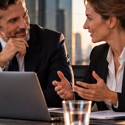 business people talking on a desk