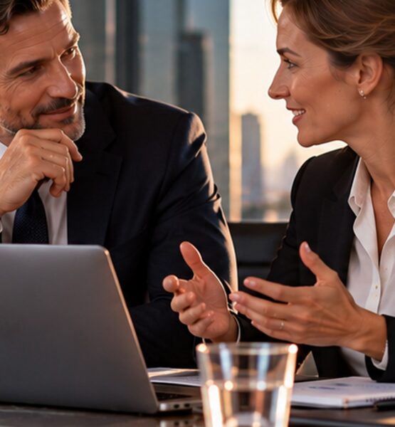business people talking on a desk